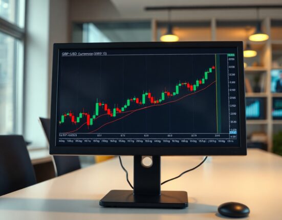 GBP/USD trading chart on a monitor in a financial office, showing price recovery.