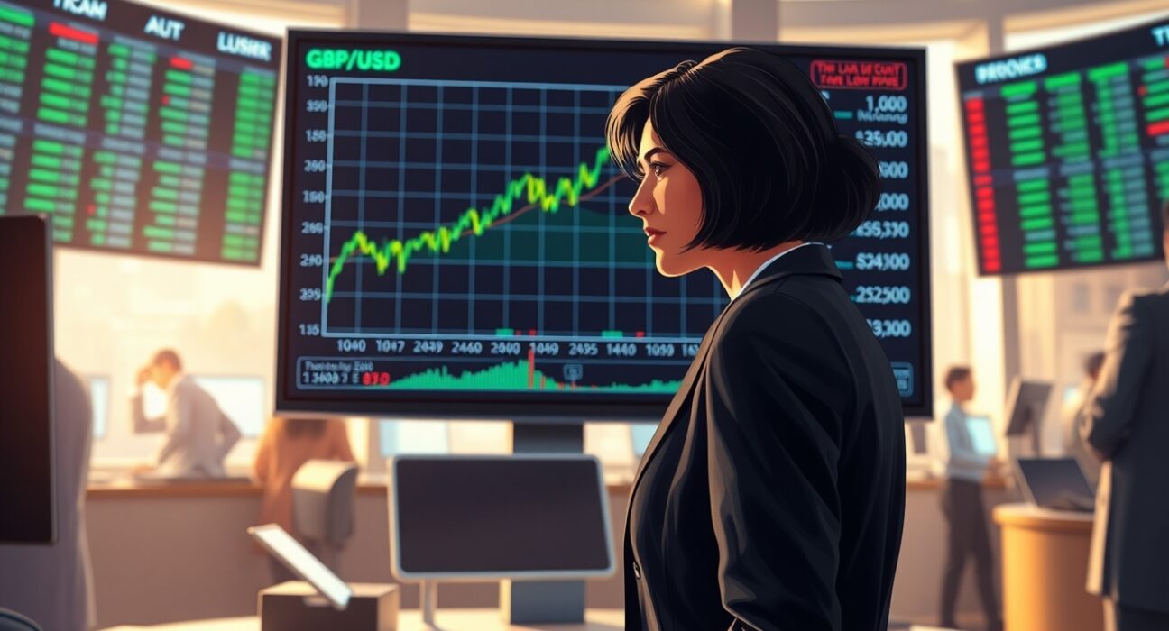 Financial analyst reviews GBP/USD chart showing Pound Sterling recovery against the US Dollar on trading floor.
