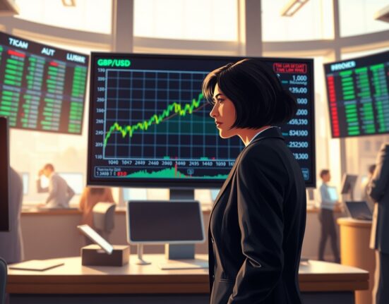 Financial analyst reviews GBP/USD chart showing Pound Sterling recovery against the US Dollar on trading floor.