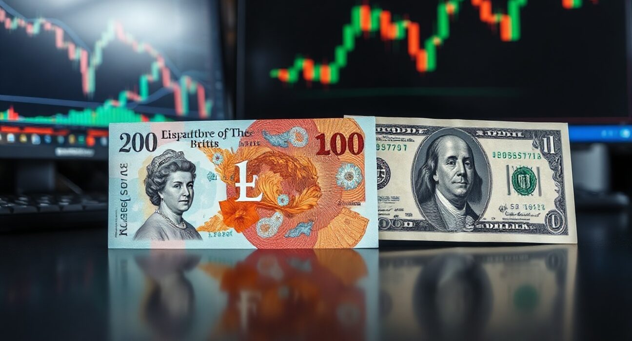 British pound and US dollar banknotes on a financial desk with charts in background