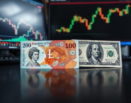 British pound and US dollar banknotes on a financial desk with charts in background