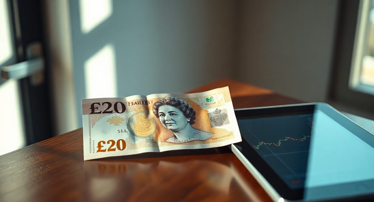 British Pound Sterling banknote and digital trading chart on a desk, representing forex market analysis.
