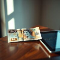 British Pound Sterling banknote and digital trading chart on a desk, representing forex market analysis.