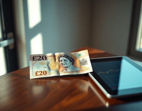 British Pound Sterling banknote and digital trading chart on a desk, representing forex market analysis.