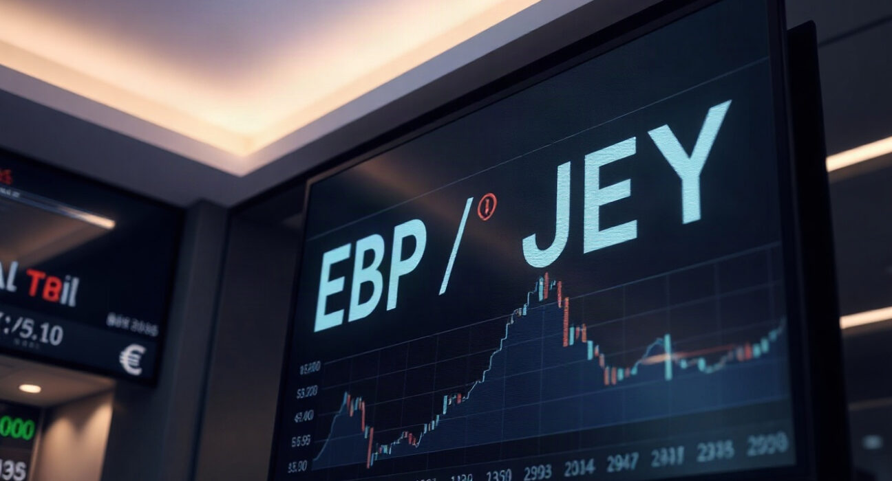 GBP/JPY exchange rate chart displayed on a screen in a trading room, with British Pound and Japanese Yen symbols