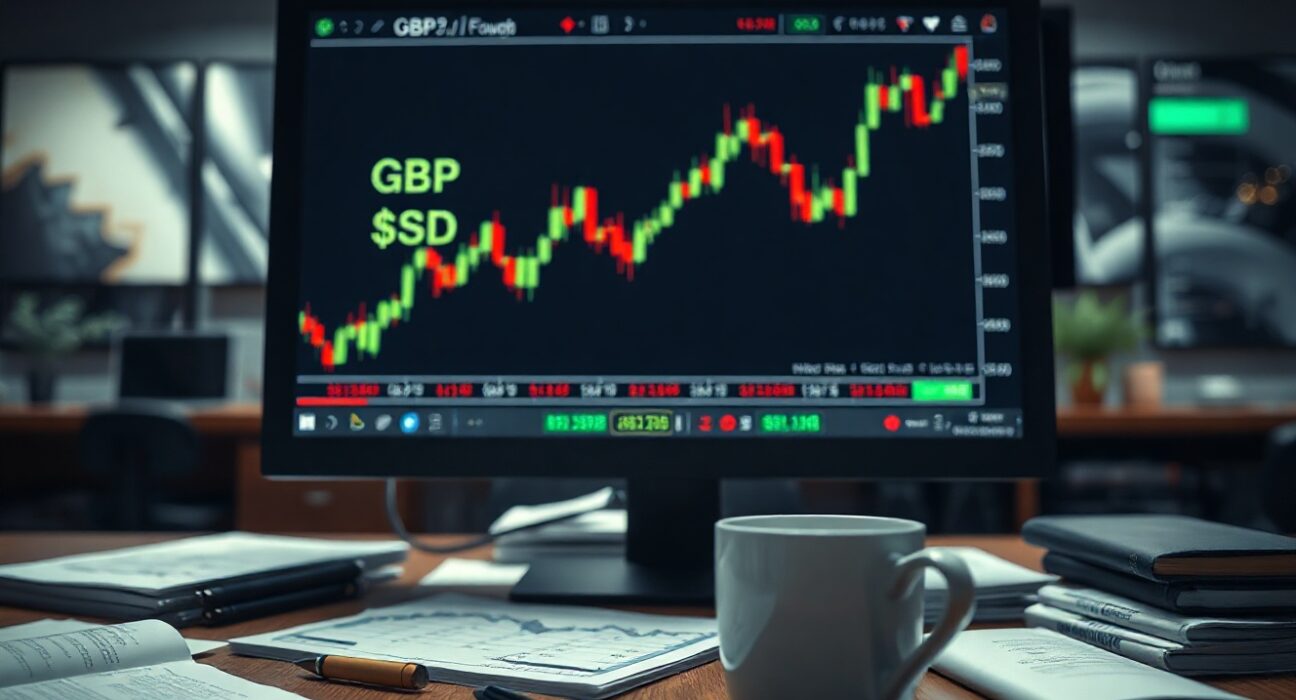GBP/USD currency chart on a monitor in a financial newsroom, with the pound rising after US jobs data