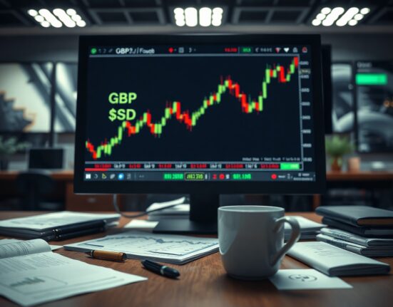 GBP/USD currency chart on a monitor in a financial newsroom, with the pound rising after US jobs data
