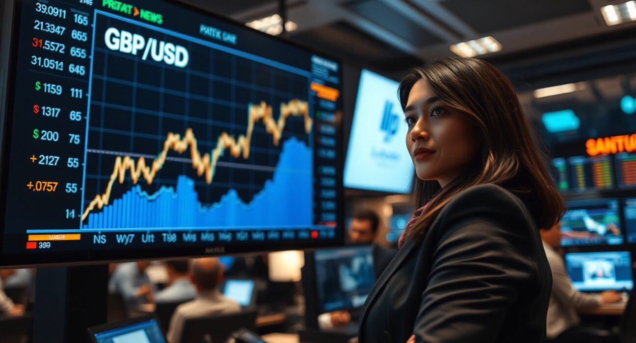 Financial analyst monitors rising GBP/USD exchange rate on trading floor as pound gains strength.