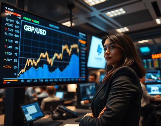 Financial analyst monitors rising GBP/USD exchange rate on trading floor as pound gains strength.