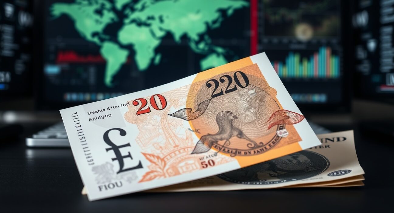 British pound sterling banknote on desk with financial news background