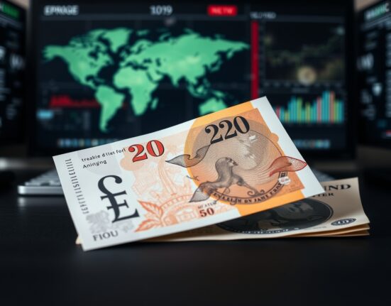 British pound sterling banknote on desk with financial news background