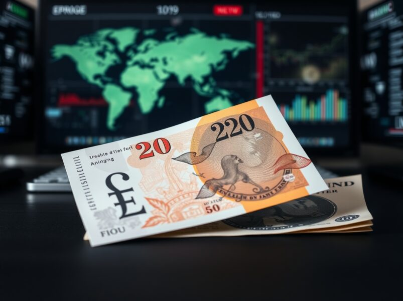 British pound sterling banknote on desk with financial news background