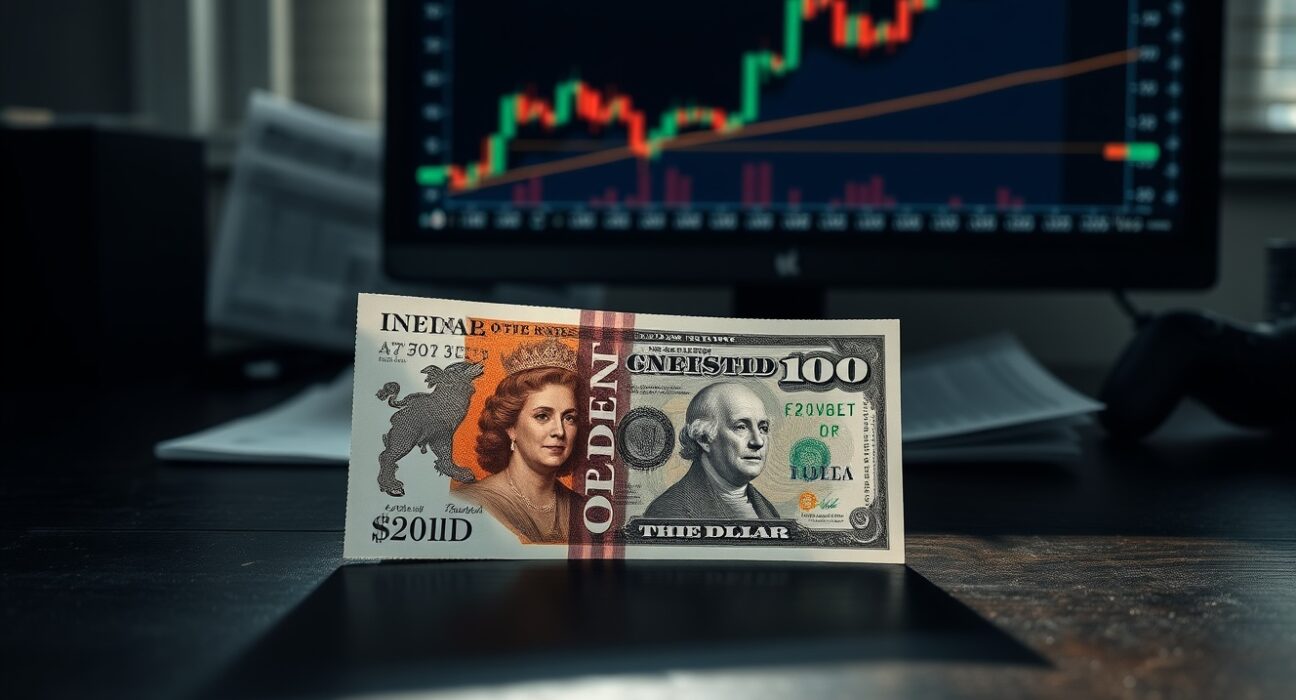 British Pound and US Dollar banknotes on a desk with a forex chart on a monitor showing an upward trend.