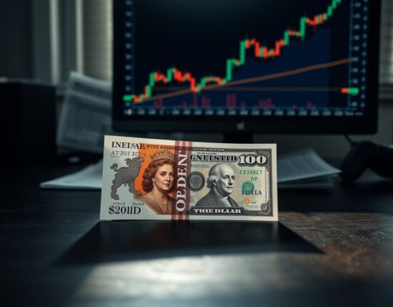 British Pound and US Dollar banknotes on a desk with a forex chart on a monitor showing an upward trend.