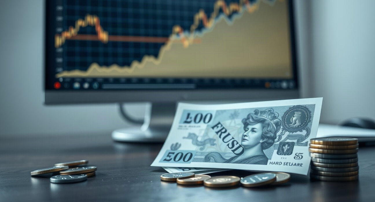 British Pound banknotes and coins with a GBP/USD chart on a screen, symbolizing currency strength.