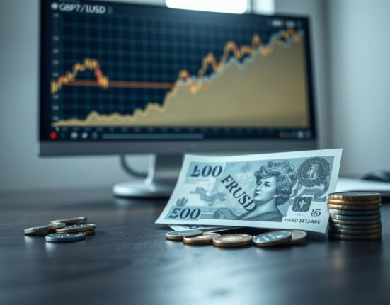 British Pound banknotes and coins with a GBP/USD chart on a screen, symbolizing currency strength.