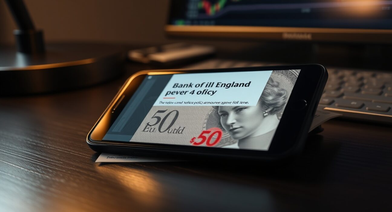 British pound note and smartphone displaying Bank of England news on a desk