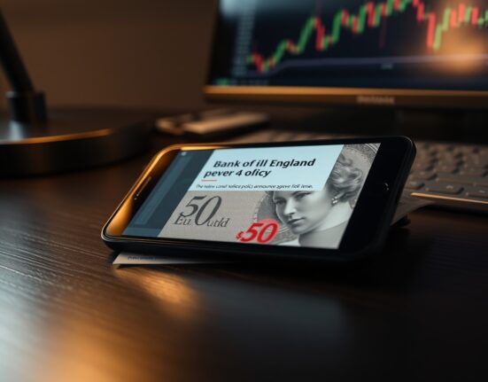 British pound note and smartphone displaying Bank of England news on a desk