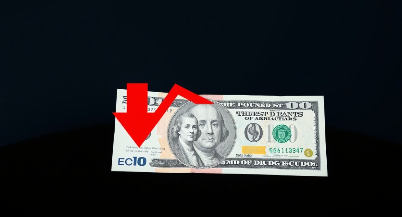 British Pound and US Dollar banknotes on a dark surface with a downward red arrow, representing the GBP/USD decline.