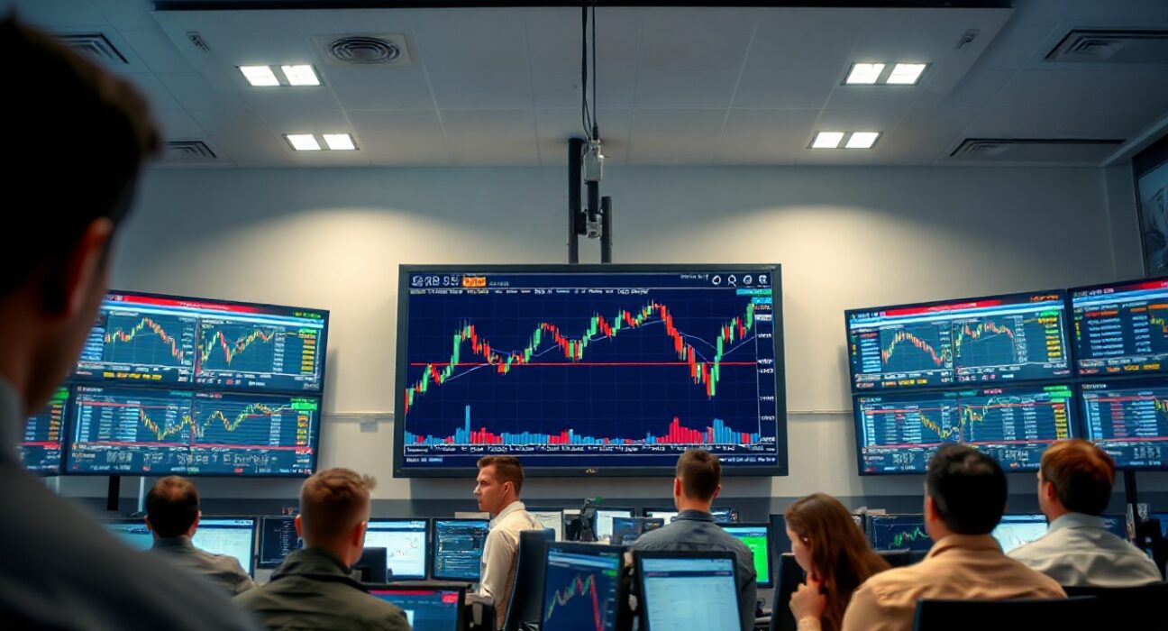 Trading screen showing GBP/USD chart in a London financial office