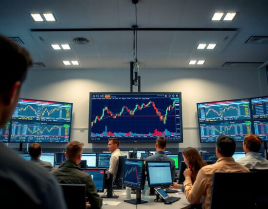 Trading screen showing GBP/USD chart in a London financial office