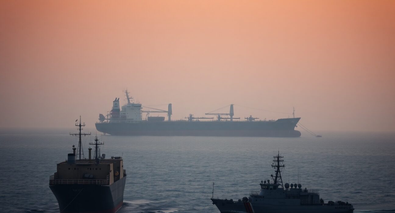 Strait of Hormuz at dusk with oil tanker and naval vessel under overcast sky
