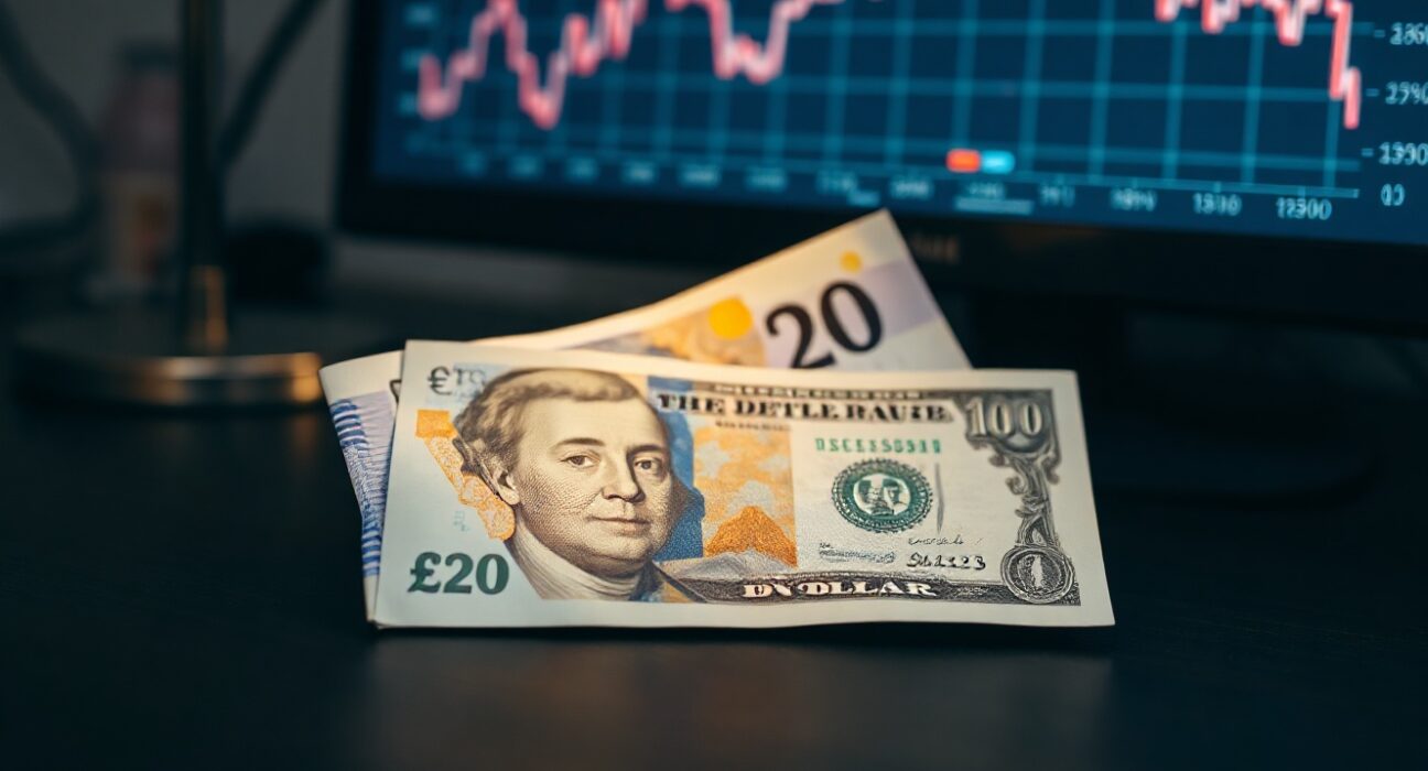 British Pound and US Dollar banknotes on a desk with a computer monitor showing a GBP/USD chart in the background.