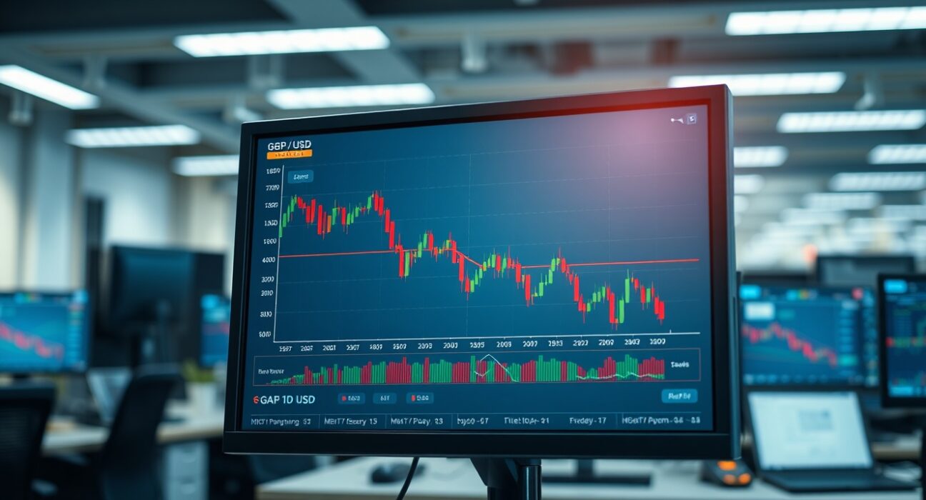 Forex trading chart showing the Pound Sterling declining against the US Dollar amid Middle East news.