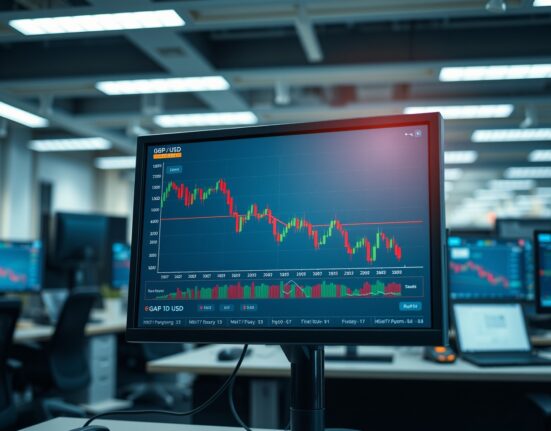 Forex trading chart showing the Pound Sterling declining against the US Dollar amid Middle East news.