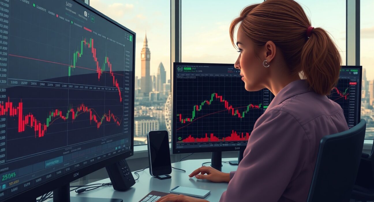 Forex trader in London analyzes falling GBP/USD chart as Pound Sterling declines against US Dollar.