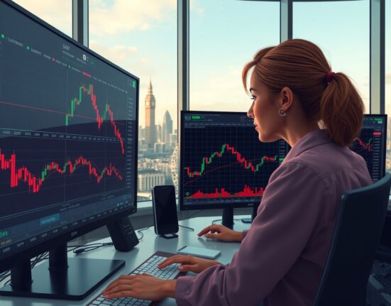 Forex trader in London analyzes falling GBP/USD chart as Pound Sterling declines against US Dollar.