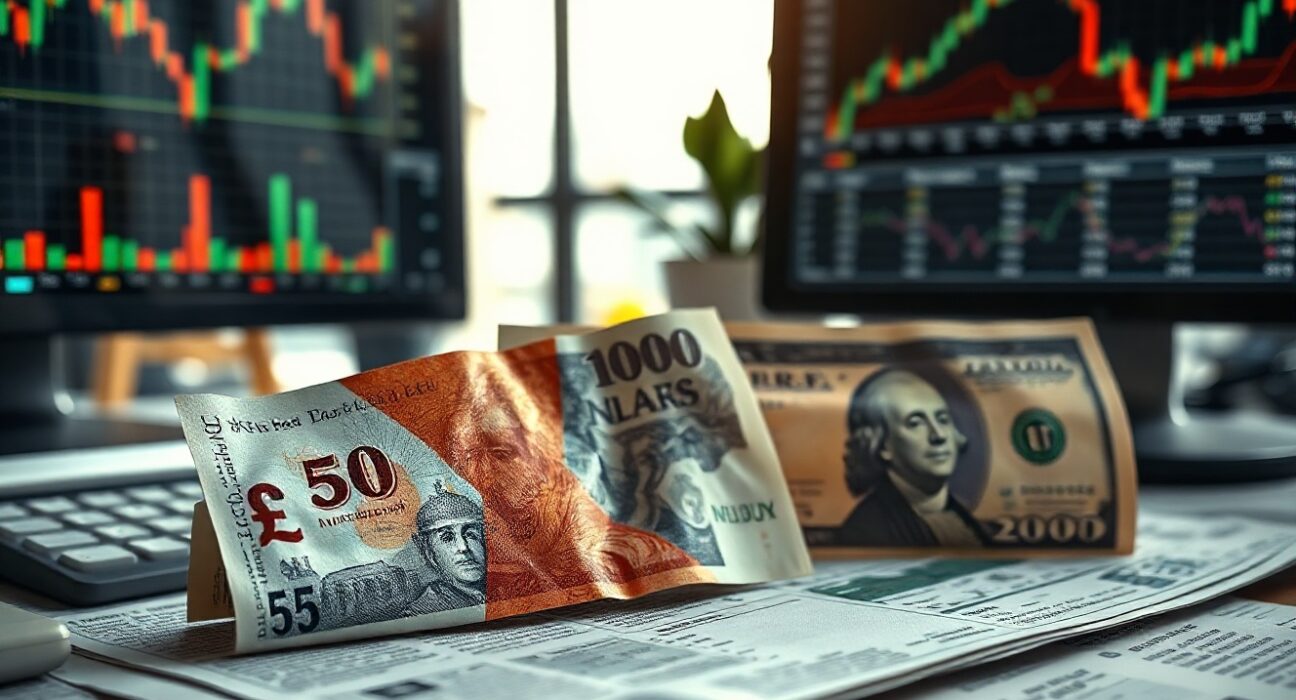British Pound and US Dollar banknotes with forex charts in background