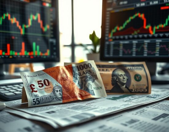British Pound and US Dollar banknotes with forex charts in background