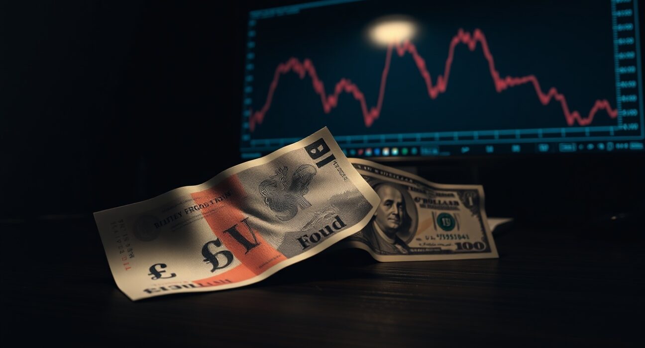 British Pound and US Dollar banknotes on a desk with a downward chart in the background