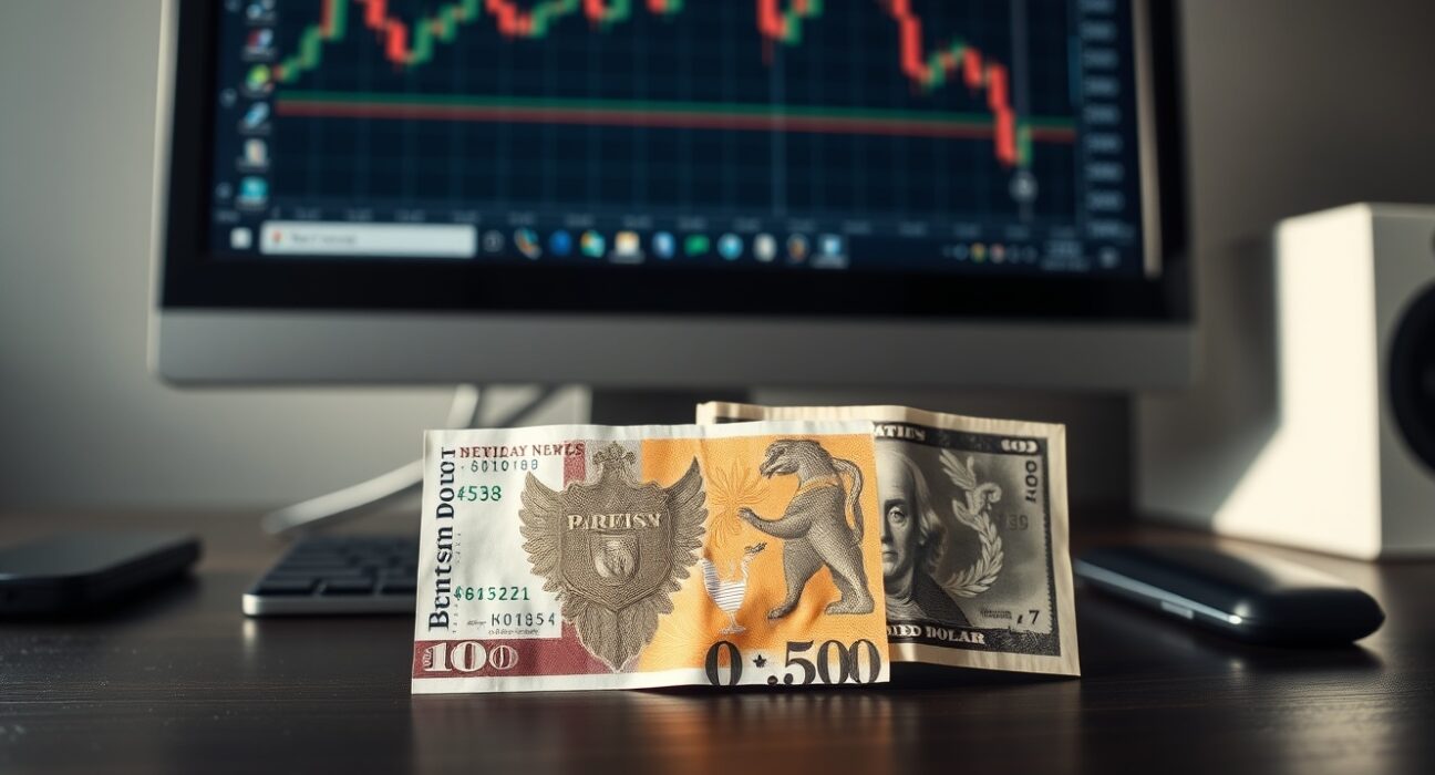 British pound and US dollar notes on a desk with a trading chart in the background