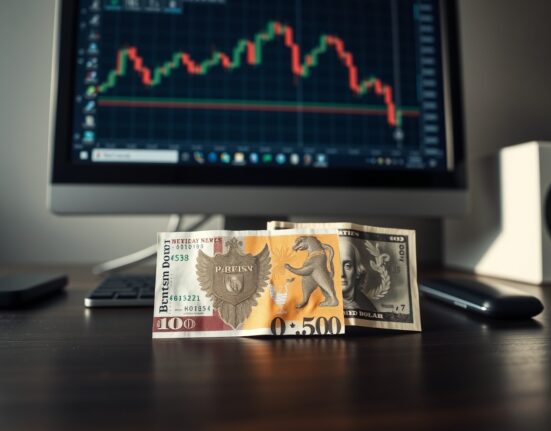British pound and US dollar notes on a desk with a trading chart in the background