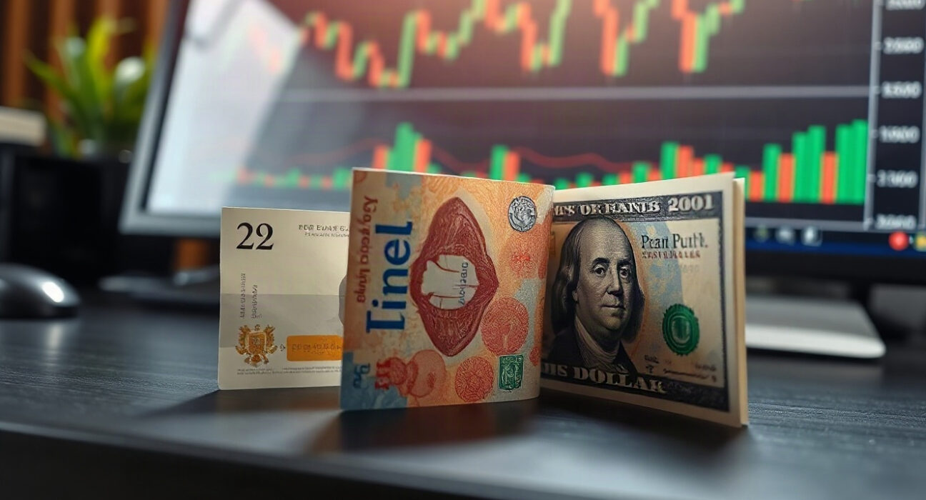 British pound and US dollar banknotes with a financial chart in the background