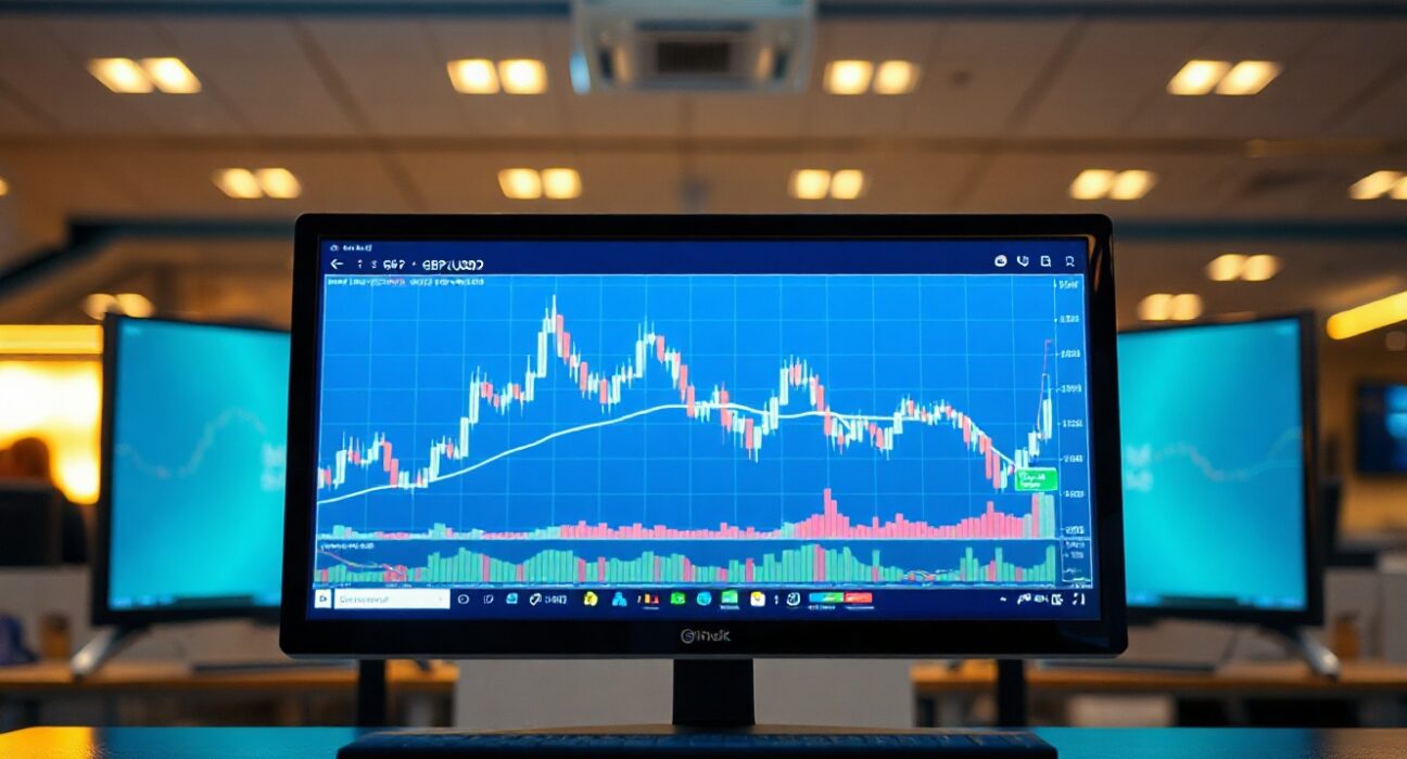 Close-up of a trading screen showing GBP/USD chart in a professional office setting