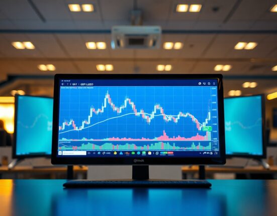 Close-up of a trading screen showing GBP/USD chart in a professional office setting
