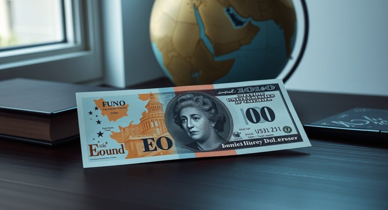 Pound Sterling and US Dollar banknotes on desk with globe representing Iran tensions impact on GBP/USD exchange rate