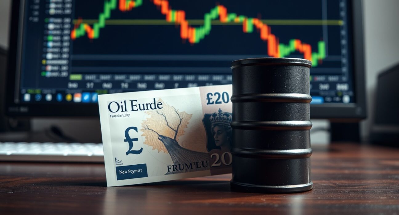 British Pound Sterling banknote and oil barrel on desk with forex chart in background