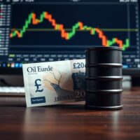 British Pound Sterling banknote and oil barrel on desk with forex chart in background