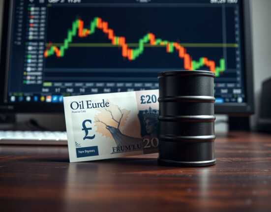 British Pound Sterling banknote and oil barrel on desk with forex chart in background