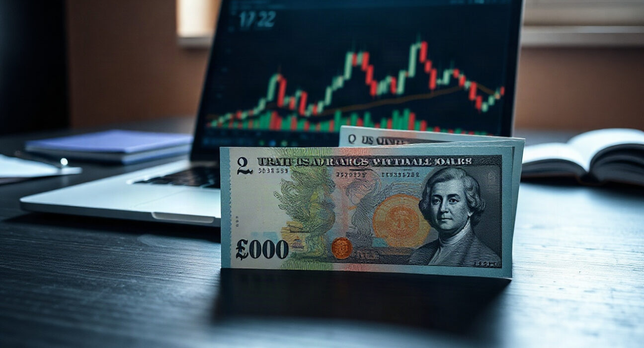 British pound and US dollar banknotes on a desk with a trading chart in the background
