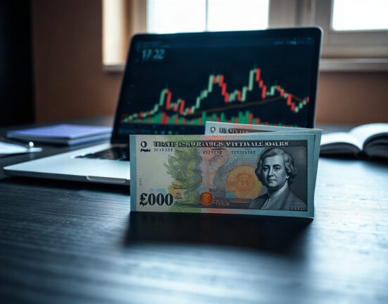 British pound and US dollar banknotes on a desk with a trading chart in the background
