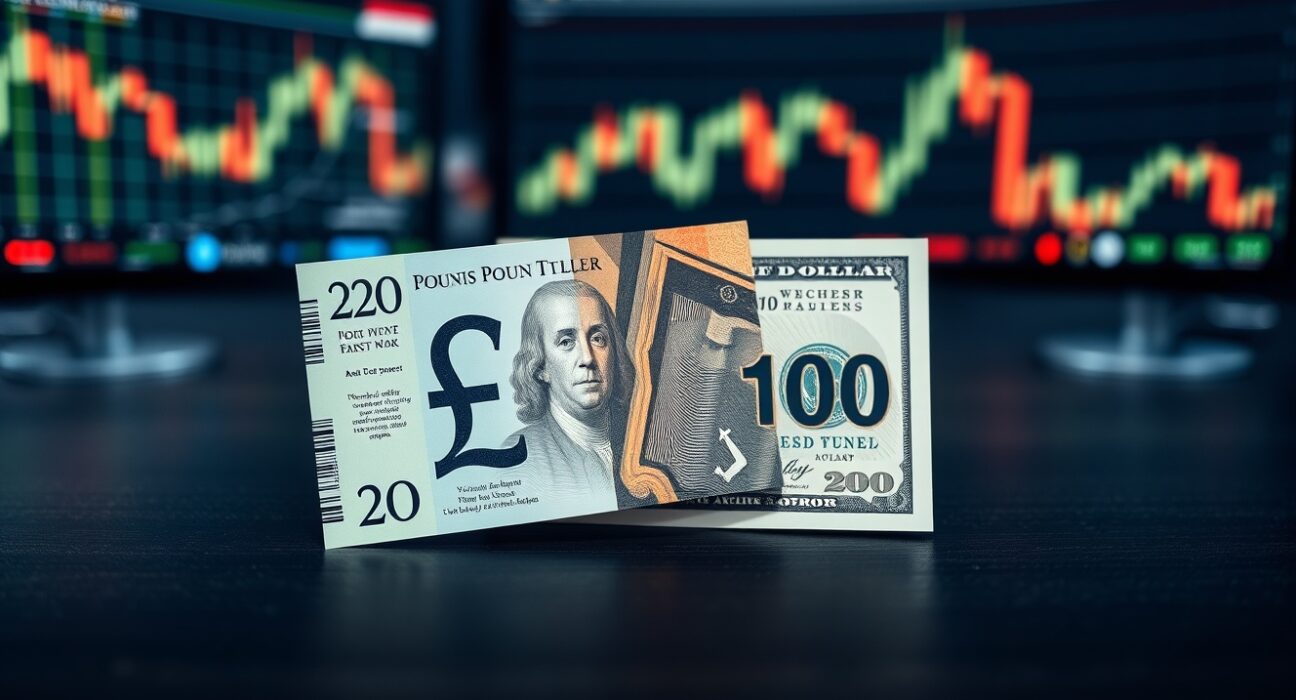 British Pound Sterling and US Dollar banknotes on desk representing forex market analysis.