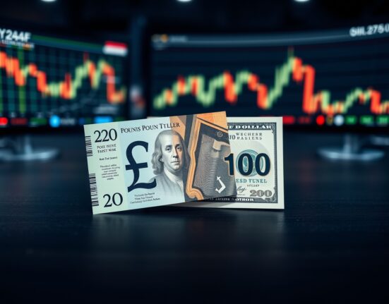 British Pound Sterling and US Dollar banknotes on desk representing forex market analysis.