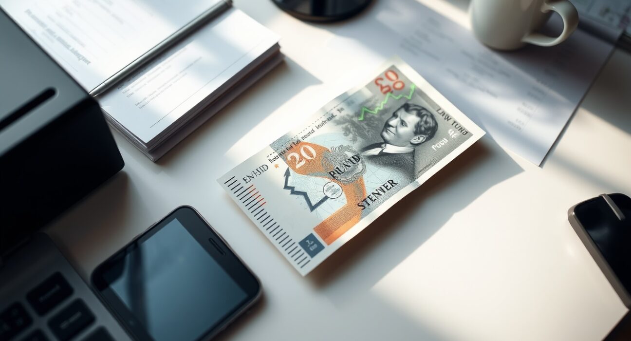 British pound banknote and smartphone displaying an upward forex trading chart on a desk.