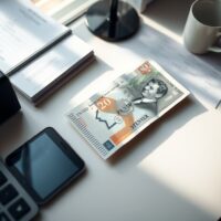 British pound banknote and smartphone displaying an upward forex trading chart on a desk.