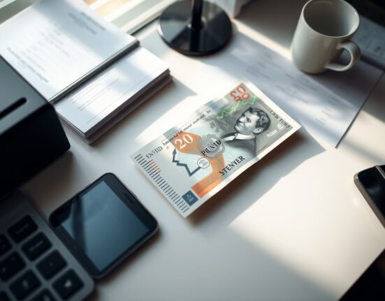 British pound banknote and smartphone displaying an upward forex trading chart on a desk.